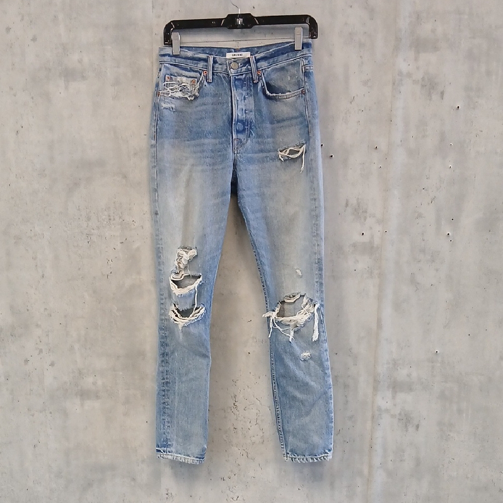 GRLFRND Blue Straight Leg Jeans with Vintage Distressing Sz 26